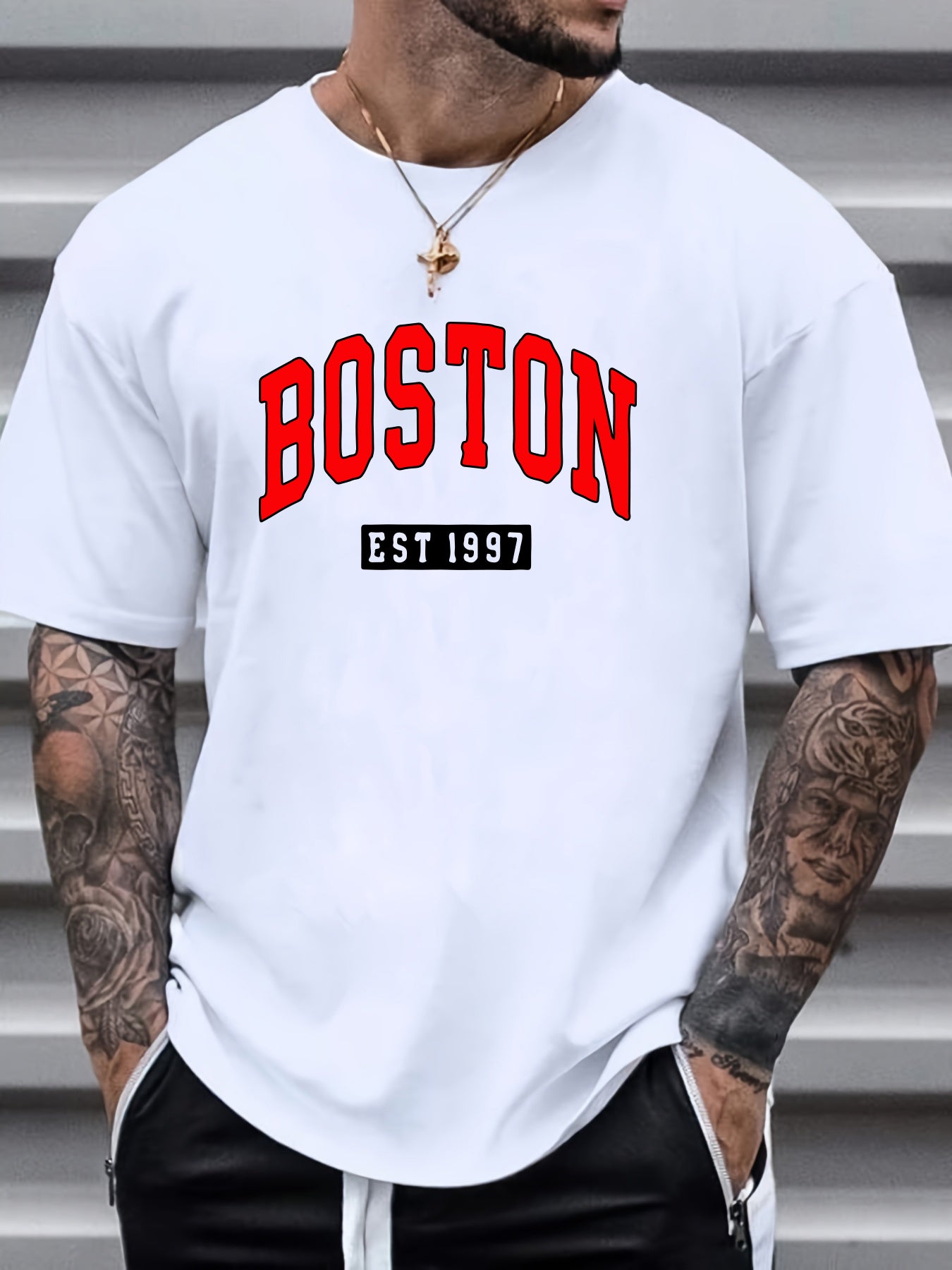 Boston Print Short Sleeve T-shirts For Men, Plus Size Stretchy Graphic Tees For Summer Casual Daily Style