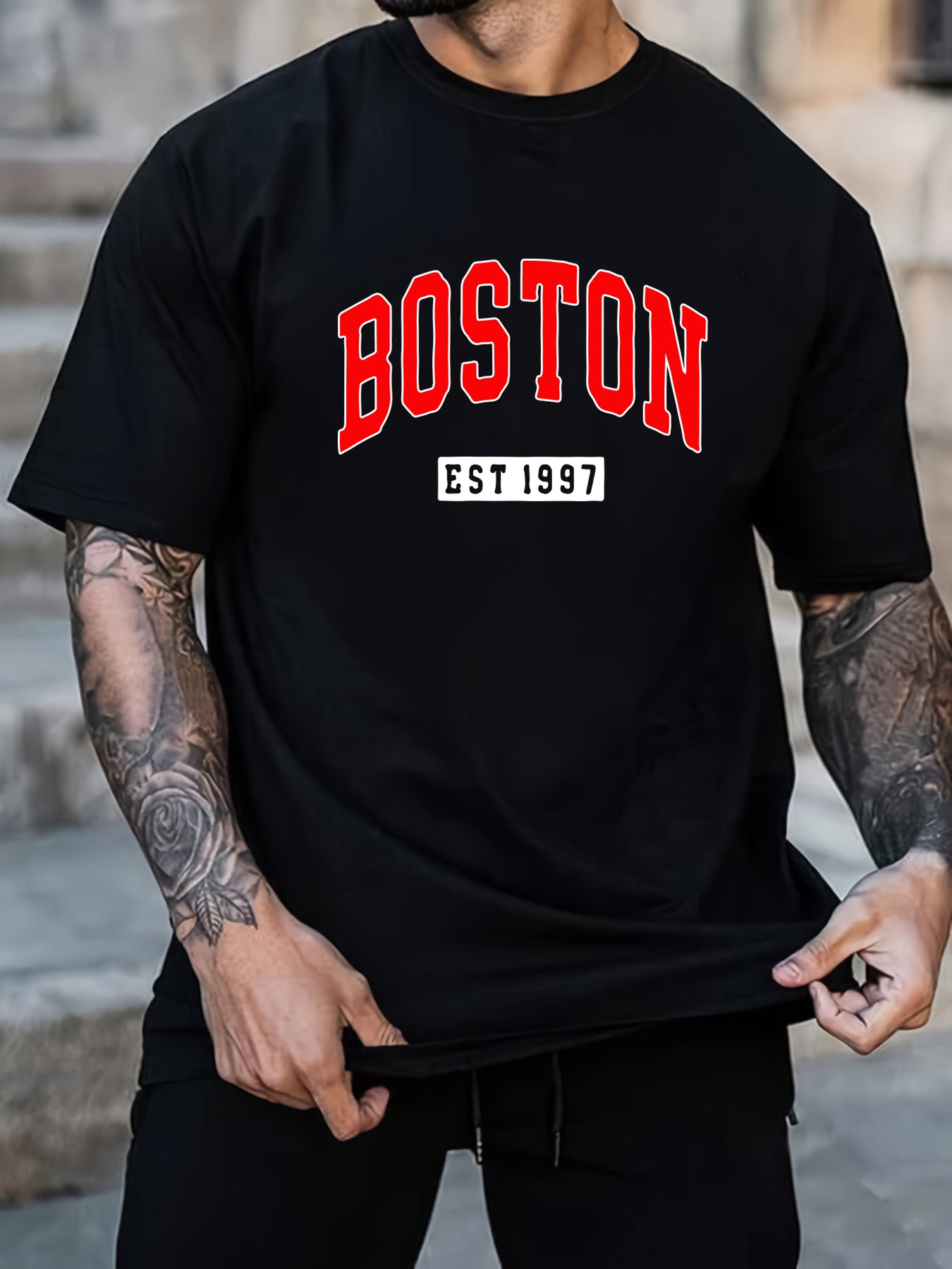 Boston Print Short Sleeve T-shirts For Men, Plus Size Stretchy Graphic Tees For Summer Casual Daily Style