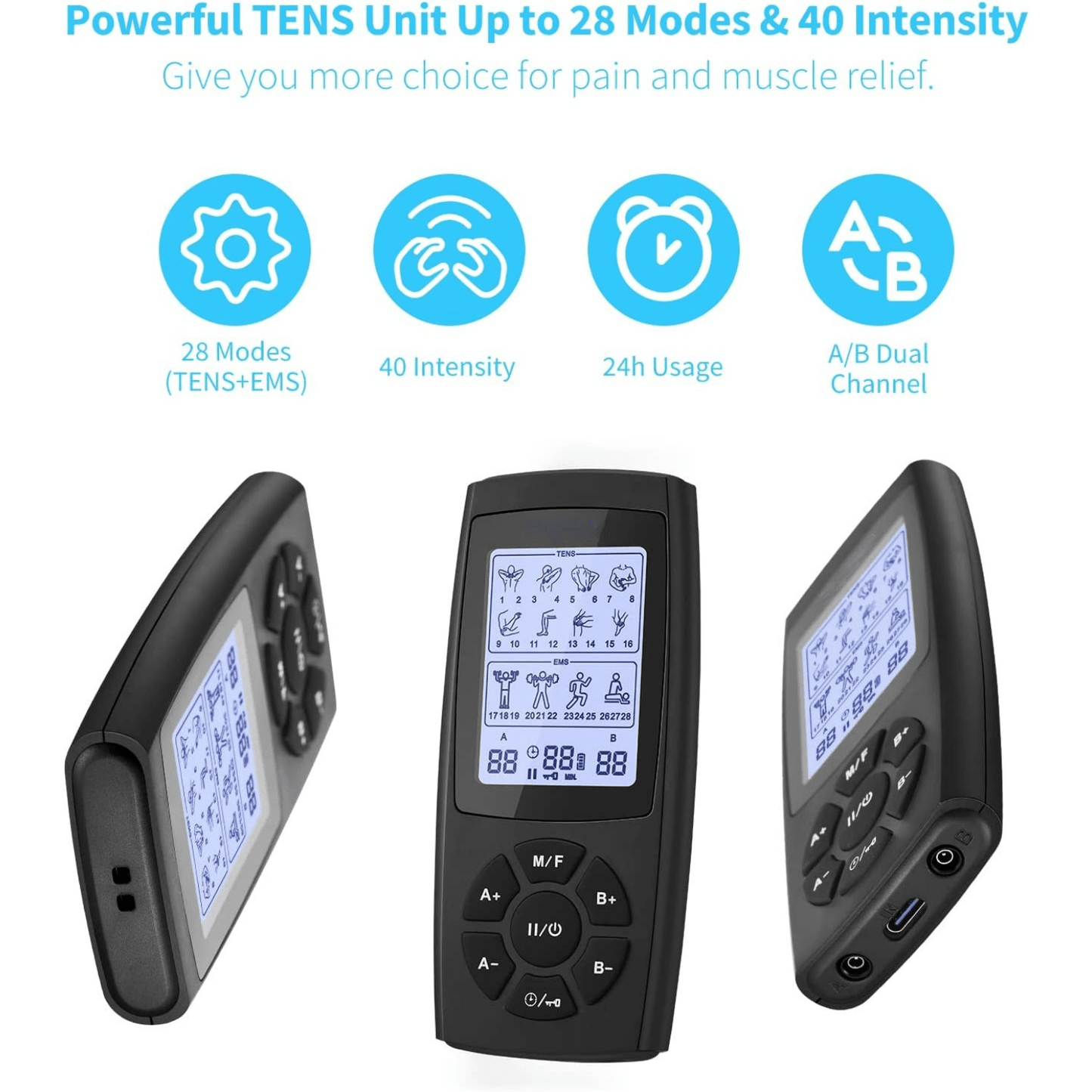 1pc unidade TENS EMS 28 modo 40 estimulador muscular de intensidade para terapia de alívio da dor, máquina recarregável de canal duplo DEZENAS