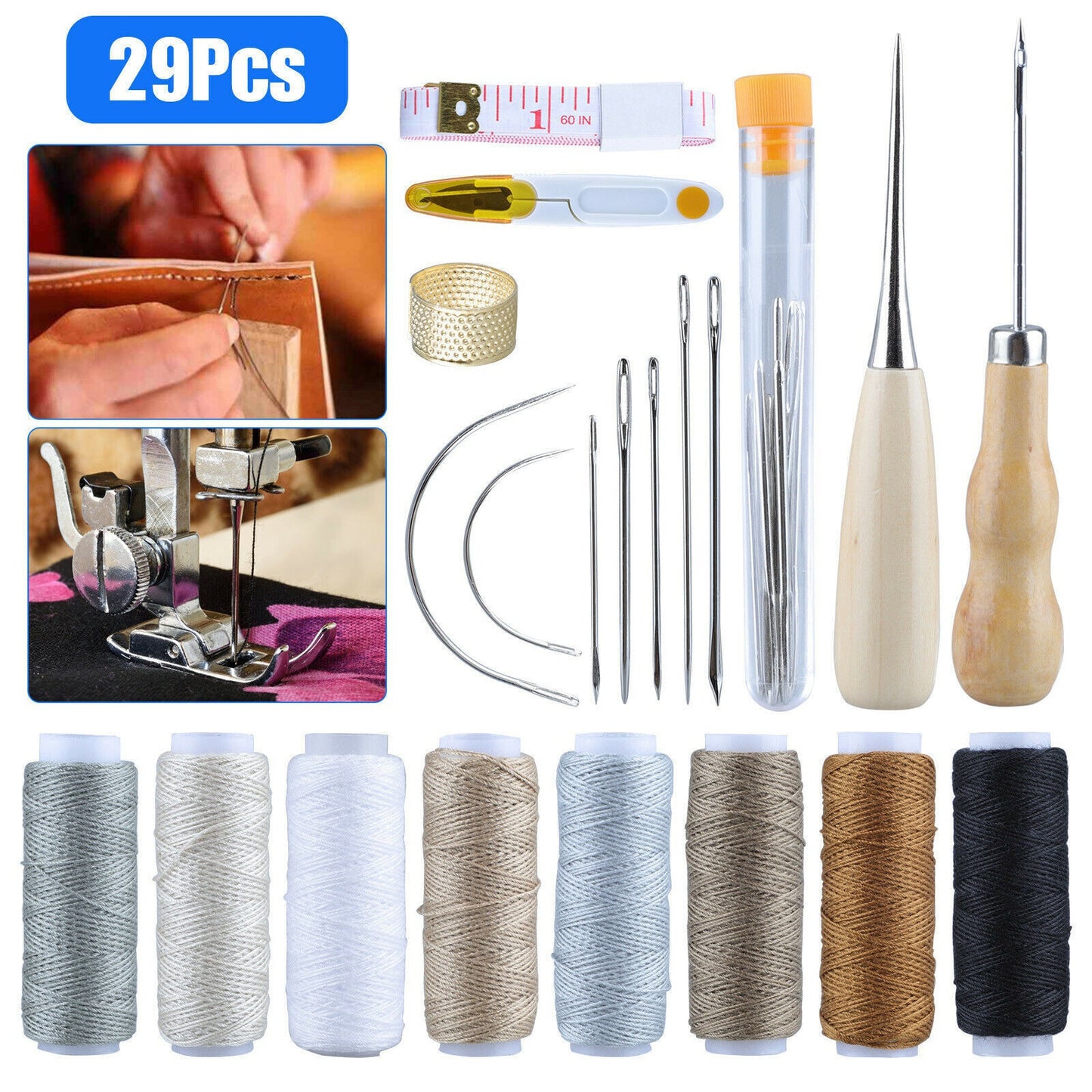 29pcs Leather Craft Punch Tools Kit Stitching Carving Working Sewing Needles