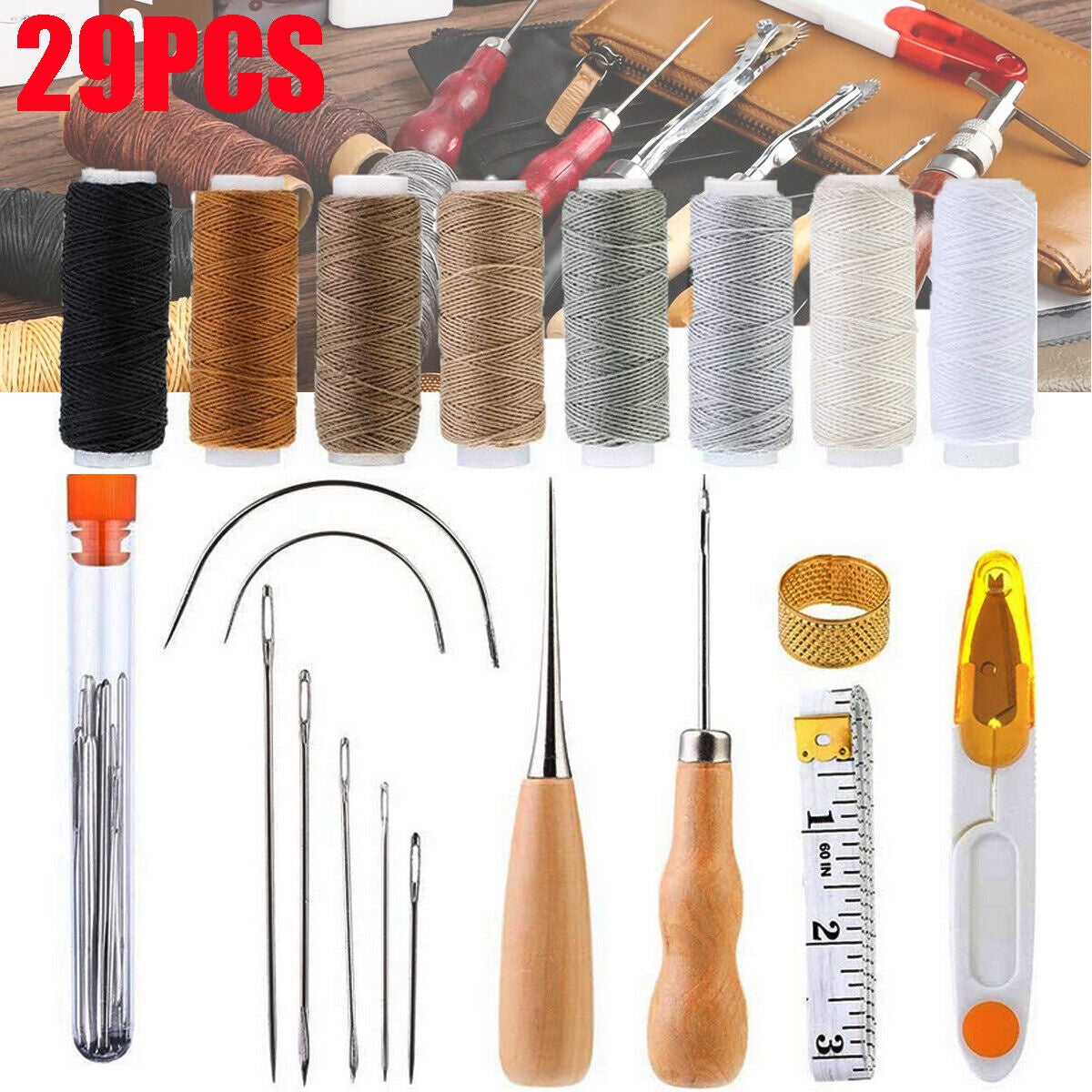 29pcs Leather Craft Punch Tools Kit Stitching Carving Working Sewing Needles