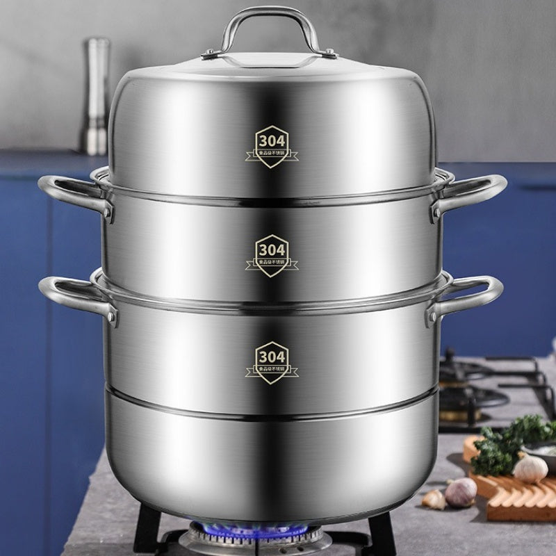 1 set 3-Tier Stainless Steel Steamer Set - Easy Chinese Kitchen Cooking with Non-Stick Pot and Lids