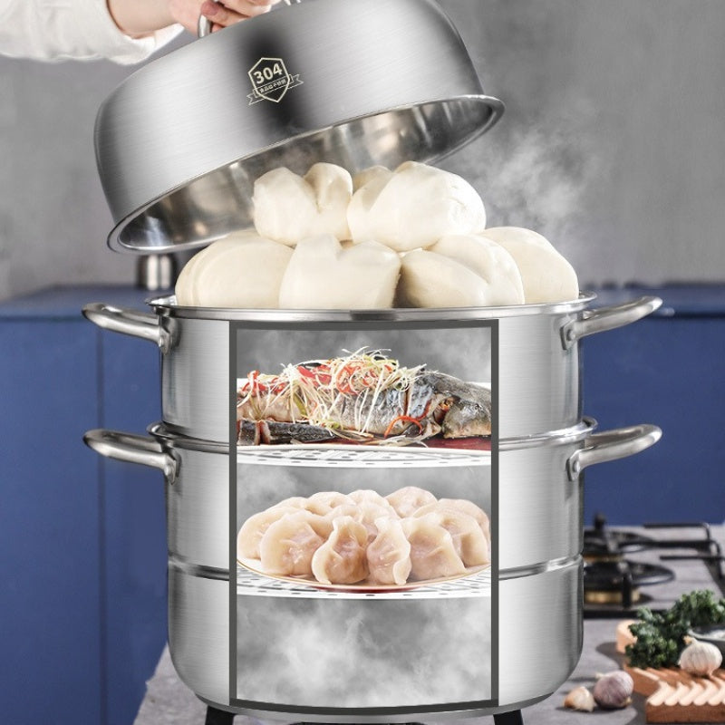 1 set 3-Tier Stainless Steel Steamer Set - Easy Chinese Kitchen Cooking with Non-Stick Pot and Lids