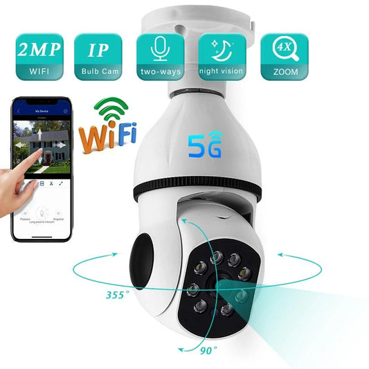 5G WIFI Surveillance 360° Rotate Auto Tracking Panoramic Camera Wireless E27 PTZ Camera CCTV IR Night Vision Motion Detection Two-Way Audio