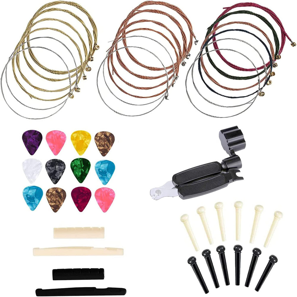 3 sets Durable 010-047 Acoustic Guitar Strings with 3-in-1 Guitar String Changer, Multifunctional Winder, Cutter, and Pin Set - Includes Solid Bridge Pin Nail and Guitar Picks - Enhance Your Sound and Playability