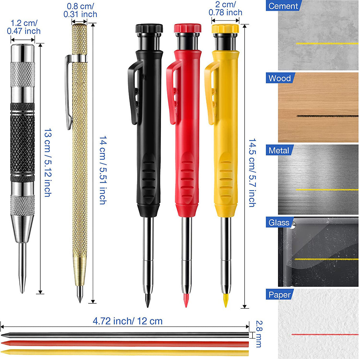 3 crayons de charpentier mécanique avec aiguiseur et 18 recharges pour le travail du bois de construction Allsome 1 Set Crayons de charpentier avec poinçon central automatique Scriber Outils de marquage