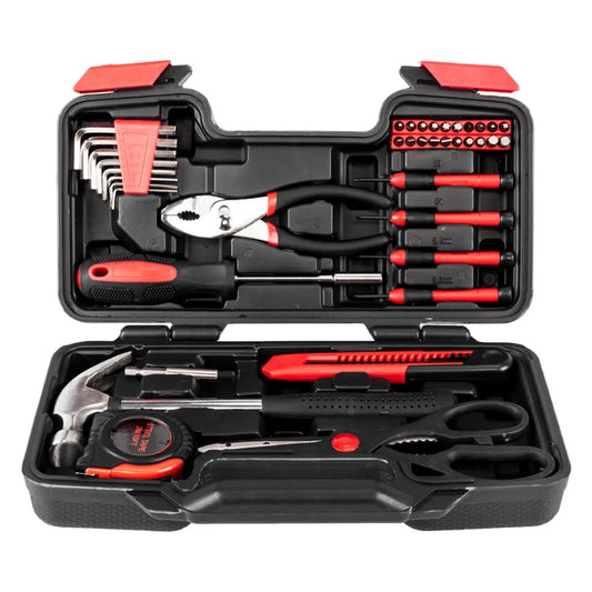 39 Piece Tool Set, Hand Tool Household Repair Tools Kit, Mechanics Women Red DIY Household Home Hand Tool Set