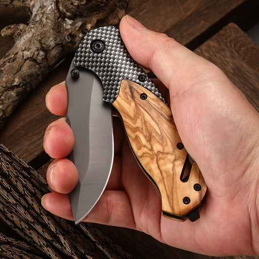 High Hardness Folding Portable With Wooden Handle, Multi-purpose Camping Survival Stainless Steel Knife