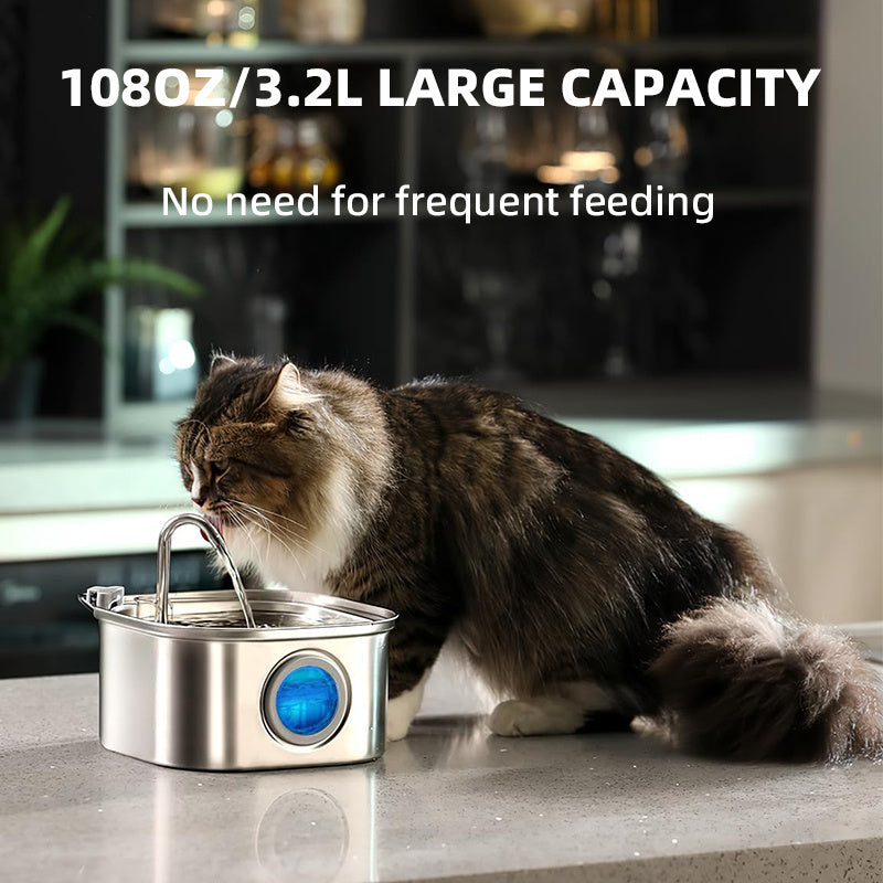 108oz\u002F3.2L Large Capacity Pet Water Fountain, Stainless Steel Ultra Quiet Cat Water Fountain, USB Rechargeable Automatic Cat Water Dispenser With Water Level Window