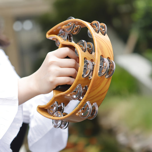 Instrumento musical Orff, sino de mão de camada dupla de grão de madeira cor de café, sino de mão em forma de meia lua, instrumento musical de performance de karaokê, tambor de mão de estilo livre para festa, educação portátil para presente de música