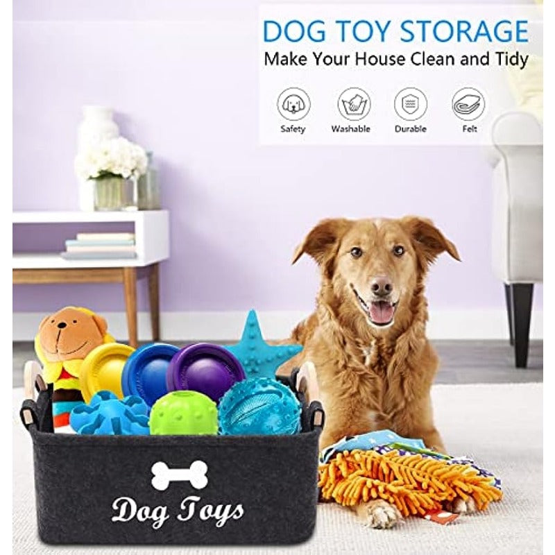 Dark Grey Felt Pet Toy Box, Dog Toy Box, Storage Basket Chest Organizer - Perfect For Organizing Pet Toys, Blankets, Leashes And Food