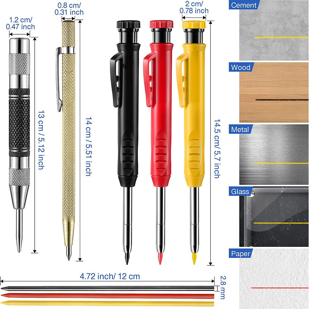 TAIMIMEI 1 Set Carpenter Pencils Set With Automatic Center Punch Scriber Marking Tools Carbide Scribe Tool 3 Mechanical Carpenter Pencils With Sharpener And 18 Refills For Construction Woodworking