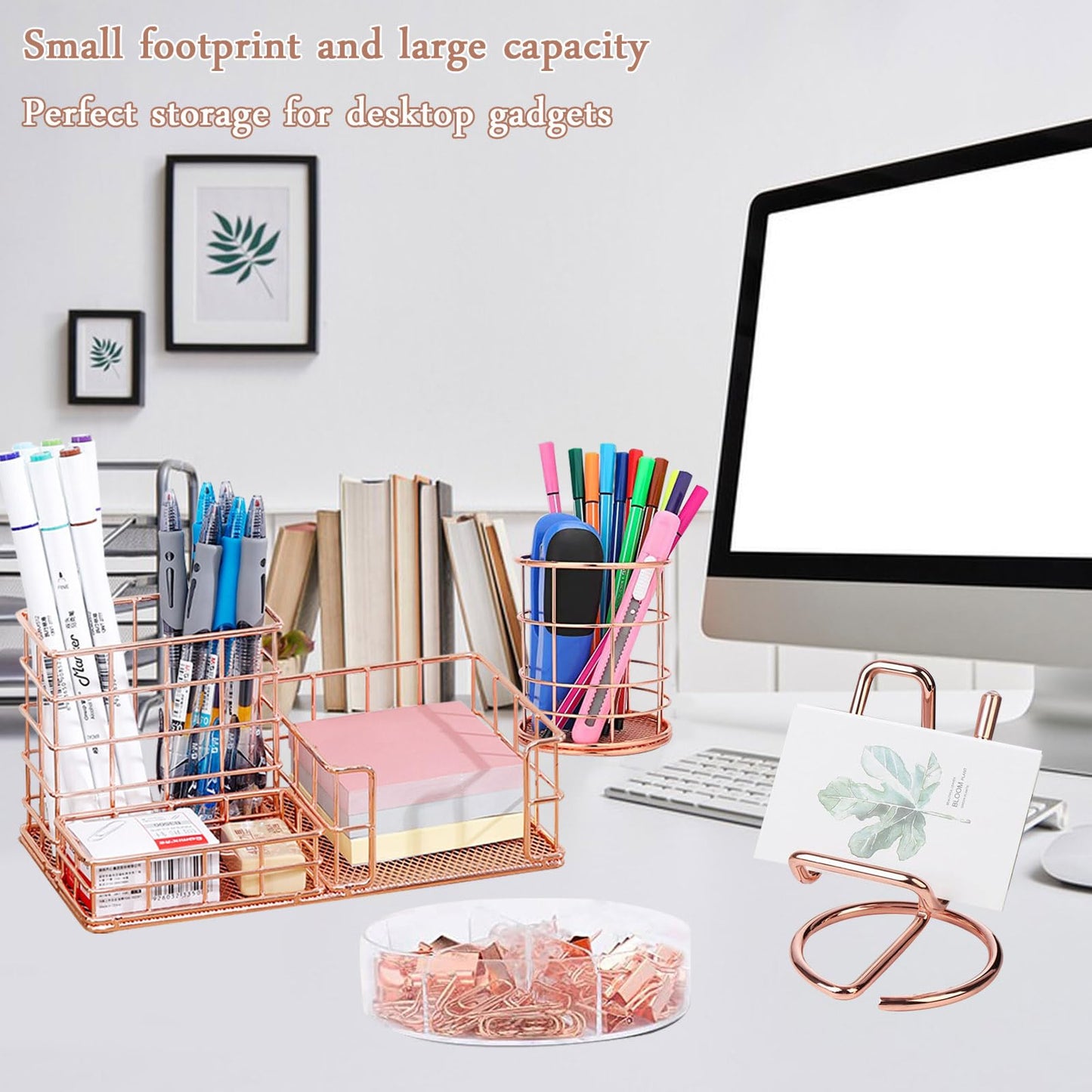 Office Desk Organizers And Accessories, Office Supplies Set With Pen Holder, Phone Stand, Metal Mesh Desktop Organizers Caddy With 30 Paper Clips, 20 Push Pins, 22 Binder Clips