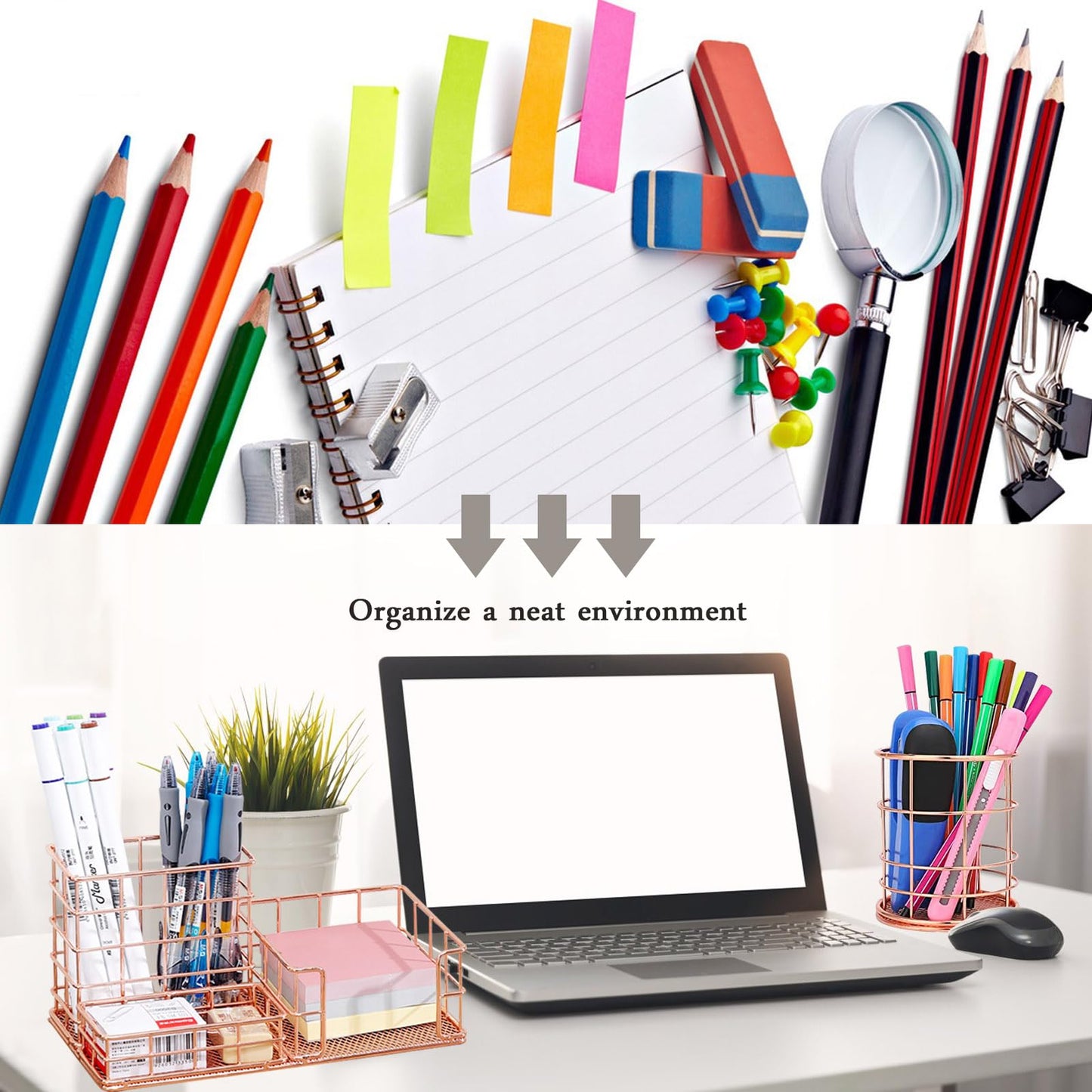 Organisateurs et accessoires de bureau, ensemble de fournitures de bureau avec porte-stylo, support de téléphone, organisateur de bureau en maille métallique Caddy avec 30 trombones, 20 punaises, 22 clips de reliure