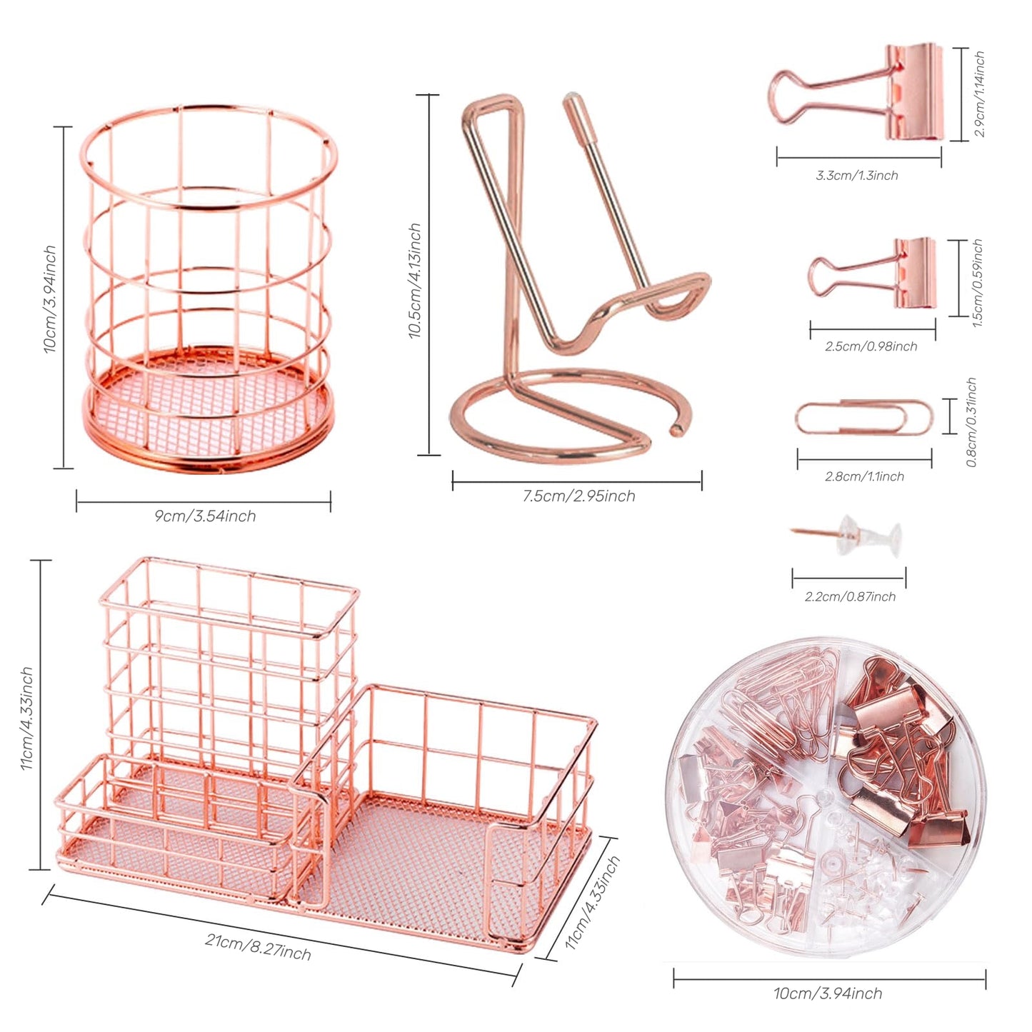 Organizadores y accesorios de escritorio de oficina, suministros de oficina con soporte para bolígrafo, soporte para teléfono, organizadores de escritorio de malla metálica Caddy con 30 clips de papel, 20 pines de empuje, 22 clips de carpeta