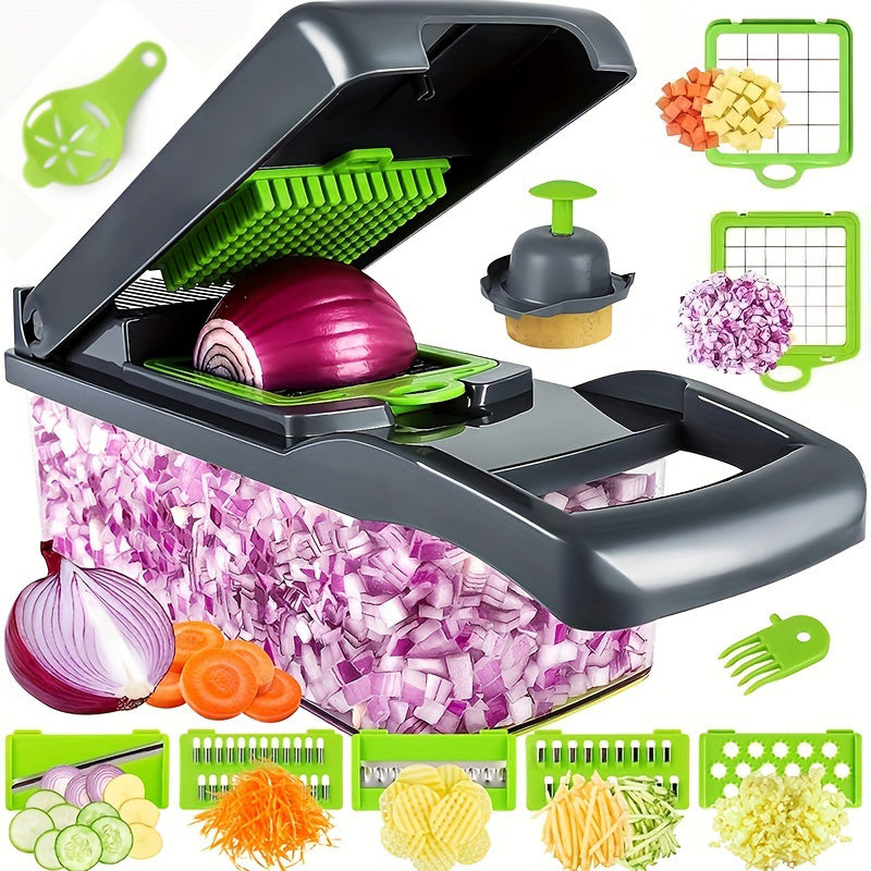 1 conjunto de picador de vegetais de cozinha, cortador de alimentos 14 em 1 com 8 lâminas de aço inoxidável e recipiente ideal para fatiar cebolas e alho