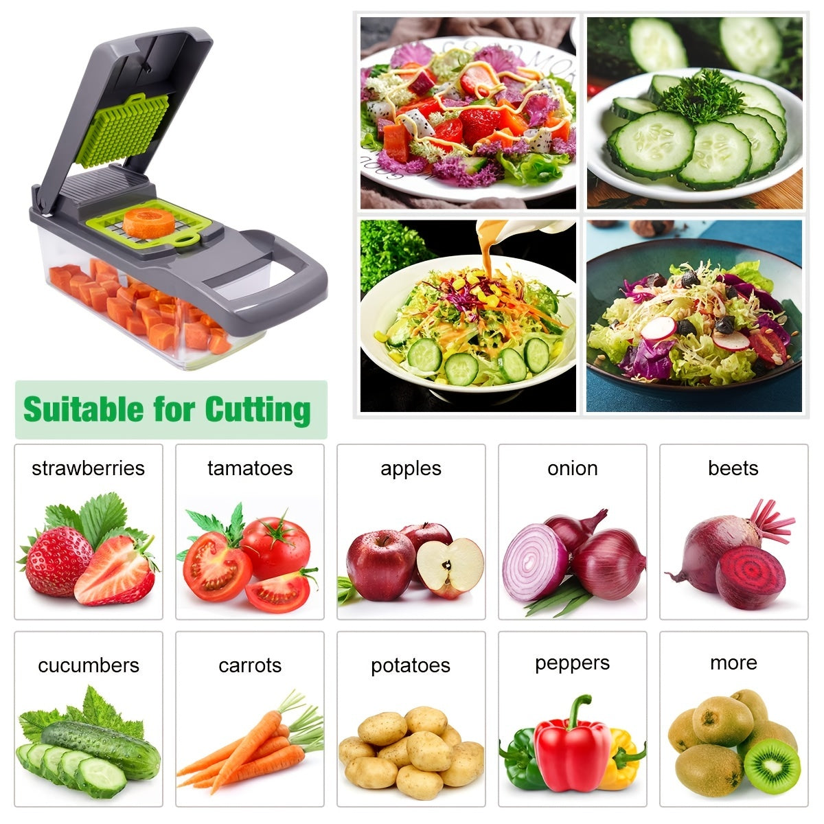 1 Set Kitchen Vegetable Chopper, 14-in-1 Vegetable Chopper Food Cutter With 8 Stainless Steel Blades And Container Ideal For Slicing Onions Garlic