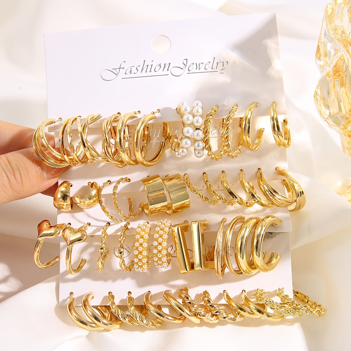 48 Pcs Of Delicate Hoop Earrings Alloy 18K Gold Plated Jewelry Vintage Elegant Style Large Set Earrings Gift For Women