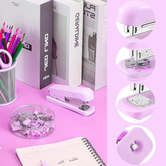 Kit de fournitures de bureau violet accessoire de bureau pour les femmes, ensemble agrafeuse, agrafeuse de bureau violet, distributeur de ruban adhésif, dissolvant d'agrafes, perforatrice simple, ciseaux, stylo à bille, pinces à liant