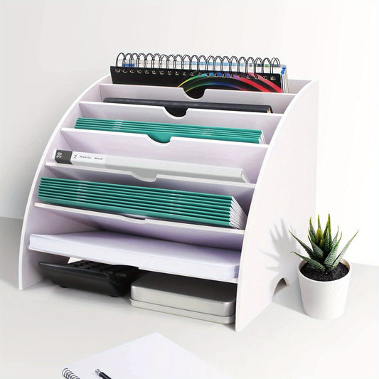 1PC Fan Shaped Desk File Organizer - 6 Compartments File Holder For Desktop, Magazine Rack, Mail Holder, File Sorter, Paper Organizer For Home Office Classroom, White