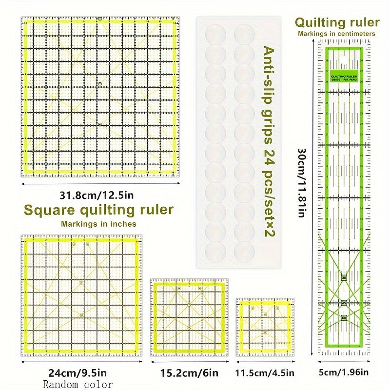 1 conjunto de réguas para acolchoamento, réguas e modelo para acolchoamento acrílico, réguas de costura e guias para tecido, 4 réguas quadradas, 1 régua de costura retangular, 48 alças antiderrapantes, para costura, acolchoamento (cor aleatória)