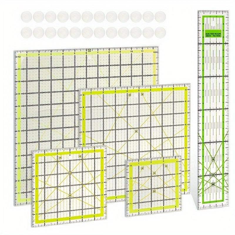 Juego de 1 reglas de acolchado, reglas y plantillas de acolchado de acrílico, reglas y guías de costura para tela, 4 reglas cuadradas, 1 regla de costura rectangular, 48 agarres antideslizantes, para coser, acolchar (color aleatorio)