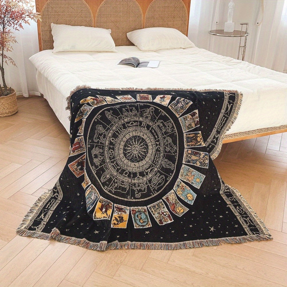 Boho Knitted Outdoor Camping Psychedelic Wall Print Tassel Blanket, Suitable For Casual Picnic, Tapestry Rug Sofa Blanket, Multifunctional Blanket