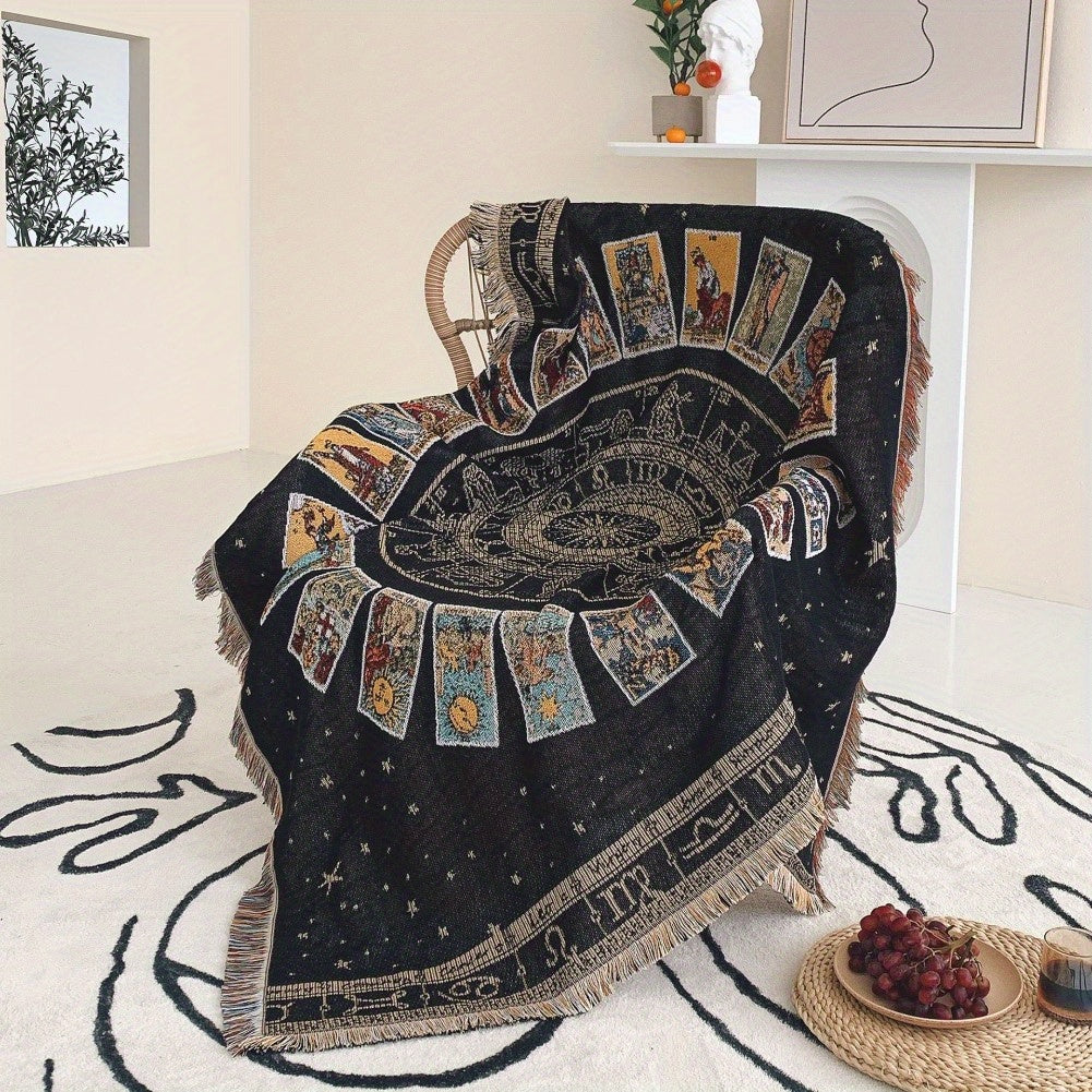 Boho Knitted Outdoor Camping Psychedelic Wall Print Tassel Blanket, Suitable For Casual Picnic, Tapestry Rug Sofa Blanket, Multifunctional Blanket