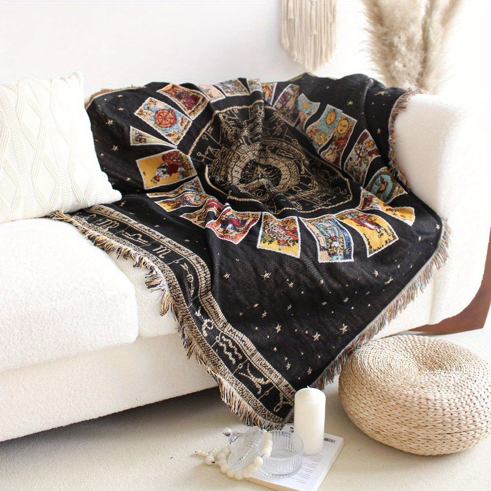 Boho Knitted Outdoor Camping Psychedelic Wall Print Tassel Blanket, Suitable For Casual Picnic, Tapestry Rug Sofa Blanket, Multifunctional Blanket