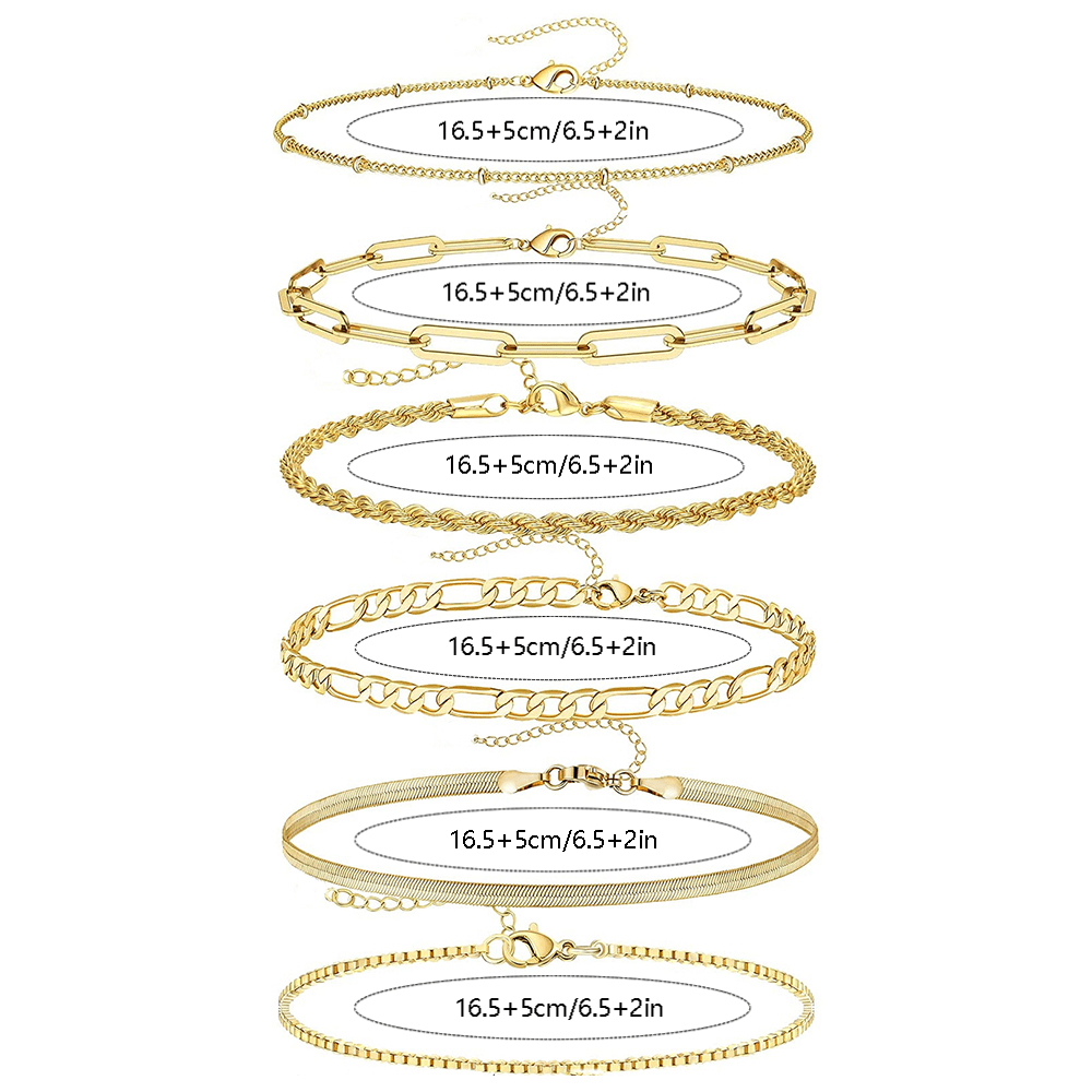 5pcs Multi Layers 14K Gold Plated Thin Chain Bracelet Set Simple Style Hand Chain Jewelry For Women