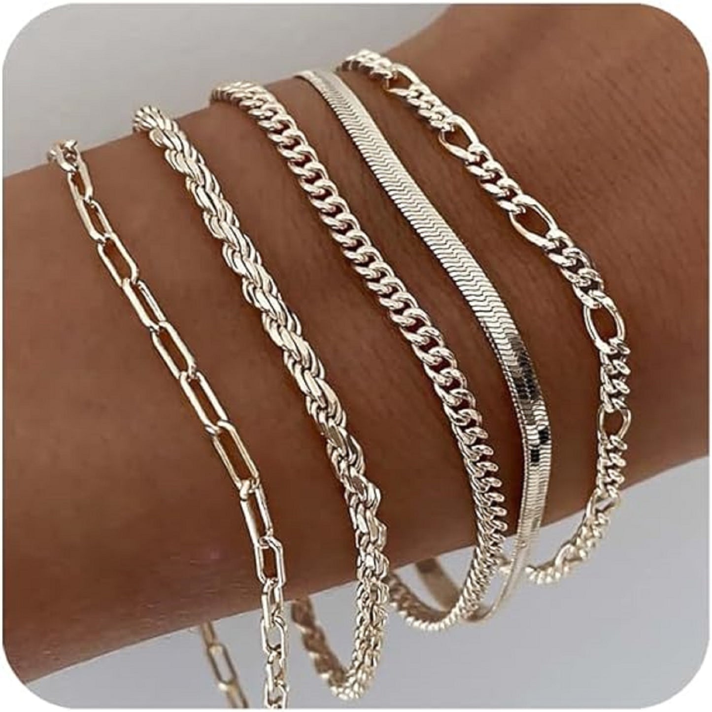 5pcs Multi Layers 14K Gold Plated Thin Chain Bracelet Set Simple Style Hand Chain Jewelry For Women