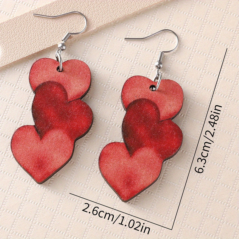 Red Heart Design Long Dangle Earrings Simple Cute Style Wooden Jewelry Valentine's Day Gift For Lovers TRIO earrings