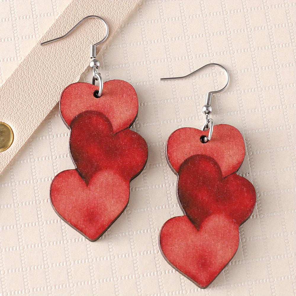 Red Heart Design Long Dangle Earrings Simple Cute Style Wooden Jewelry Valentine's Day Gift For Lovers TRIO earrings