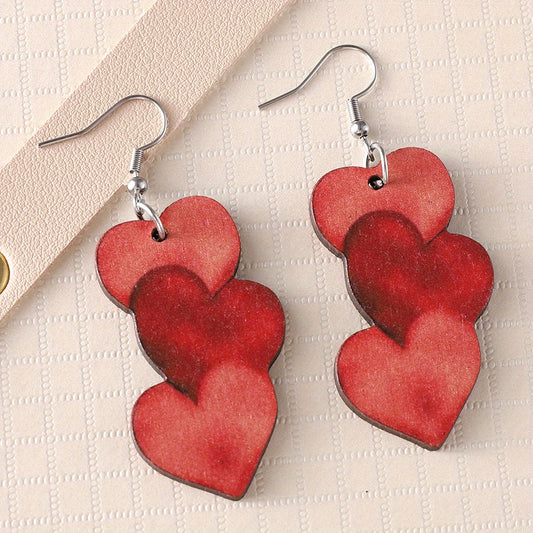 Red Heart Design Long Dangle Earrings Simple Cute Style Wooden Jewelry Valentine's Day Gift For Lovers TRIO earrings