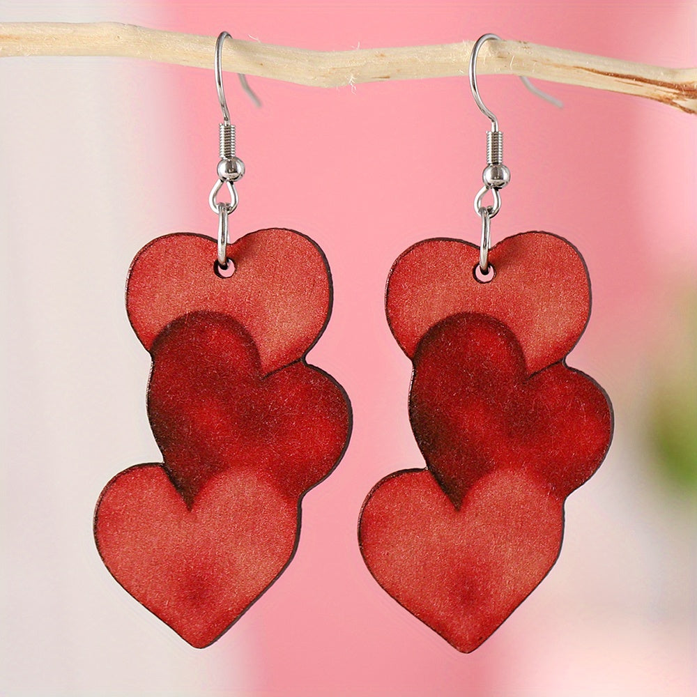 Red Heart Design Long Dangle Earrings Simple Cute Style Wooden Jewelry Valentine's Day Gift For Lovers TRIO earrings