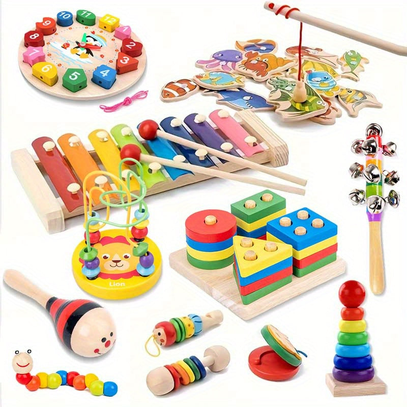 12 In 1 Wooden Montessori Toys,Rattle Bell Beaded Rattle Drum Column Set,Musical Instruments,Early Childhood Education,toddler Toys Christmas Gifts Halloween Thanksgiving Christmas Gifts