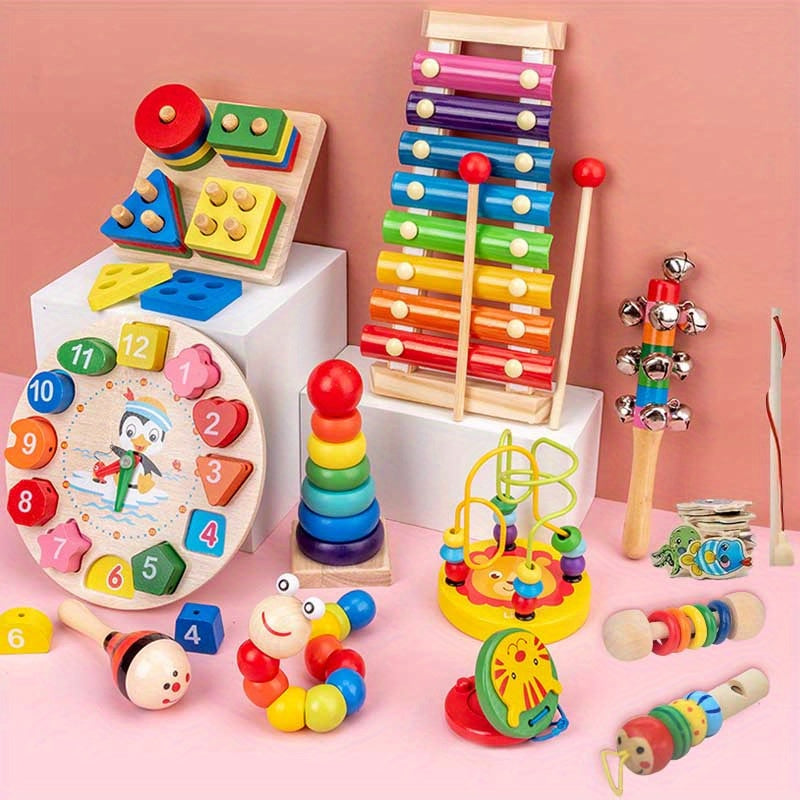 12 In 1 Wooden Montessori Toys,Rattle Bell Beaded Rattle Drum Column Set,Musical Instruments,Early Childhood Education,toddler Toys Christmas Gifts Halloween Thanksgiving Christmas Gifts