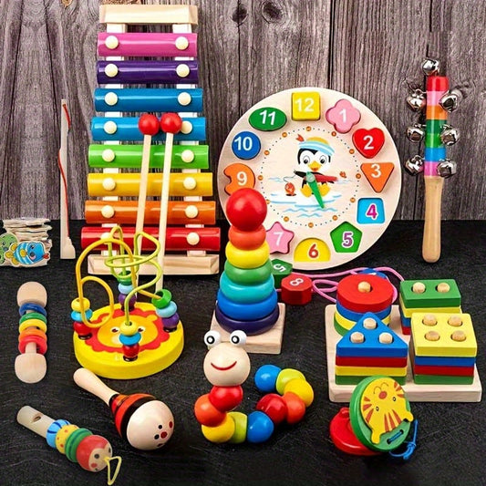 12 In 1 Wooden Montessori Toys,Rattle Bell Beaded Rattle Drum Column Set,Musical Instruments,Early Childhood Education,toddler Toys Christmas Gifts Halloween Thanksgiving Christmas Gifts