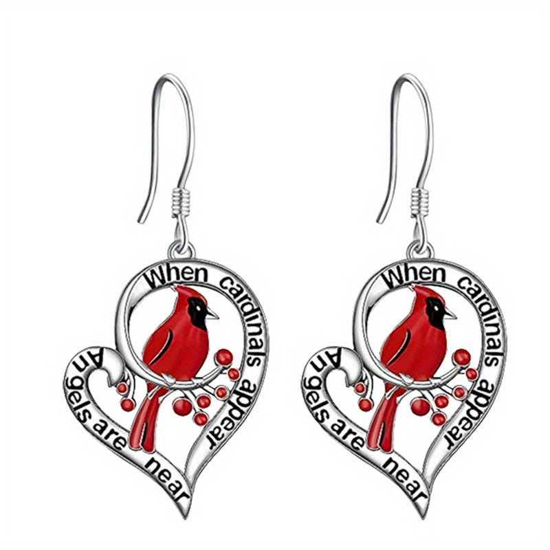 1pair Heart Shaped Hollow Out Cardinal Pendant Earrings For Men, Christmas Party Commemorative Accessories Gift Jewelry