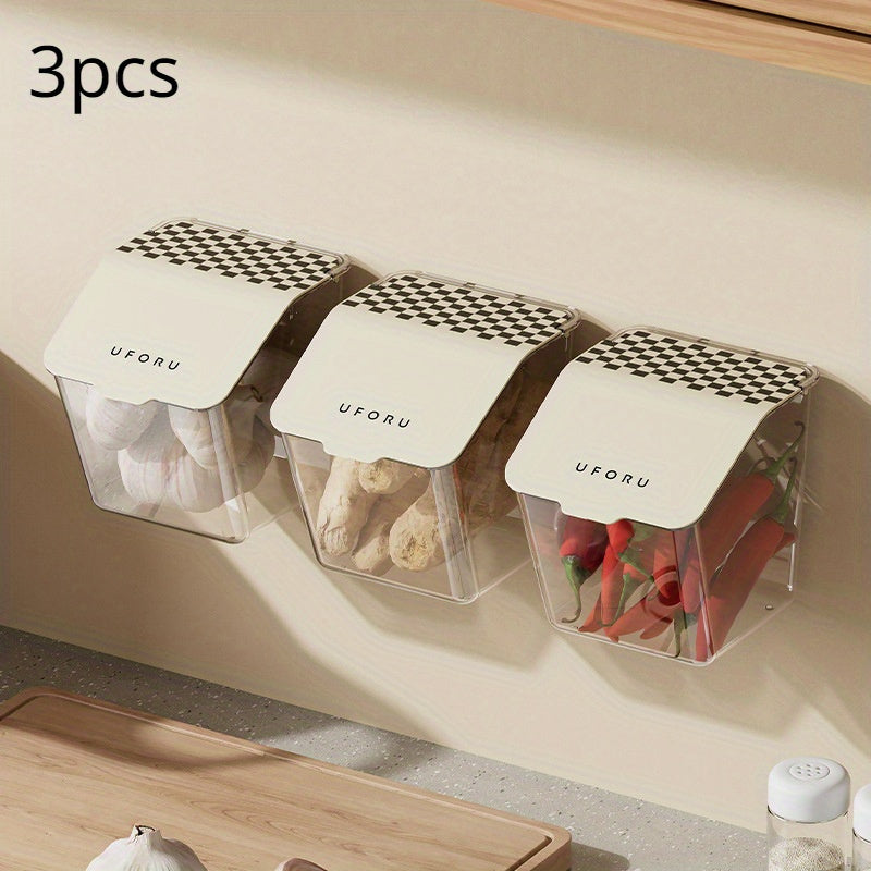 3pcs Punch-free Flip Makeup Cotton Swab Box, Bathroom Wall Storage Box, Transparent Kitchen Seasoning Jar, Household Wall Seasoning Box, Dust-proof Ginger Garlic Seasoning Storage Box, Kitchen Storage Items