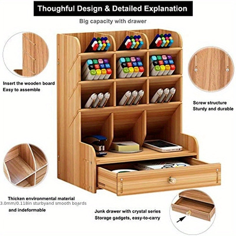 1pc Multifunctional Wooden Desk Organizer With Drawer For Home, Office, And School Supplies - Cherry Finish The Creator Of A Clean Desktop