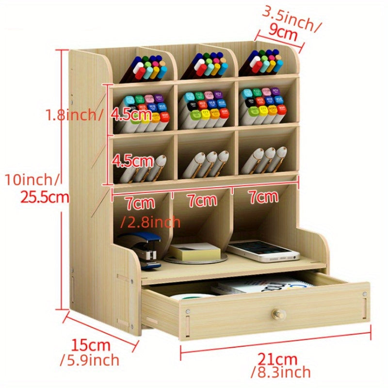 1pc Multifunctional Wooden Desk Organizer With Drawer For Home, Office, And School Supplies - Cherry Finish The Creator Of A Clean Desktop