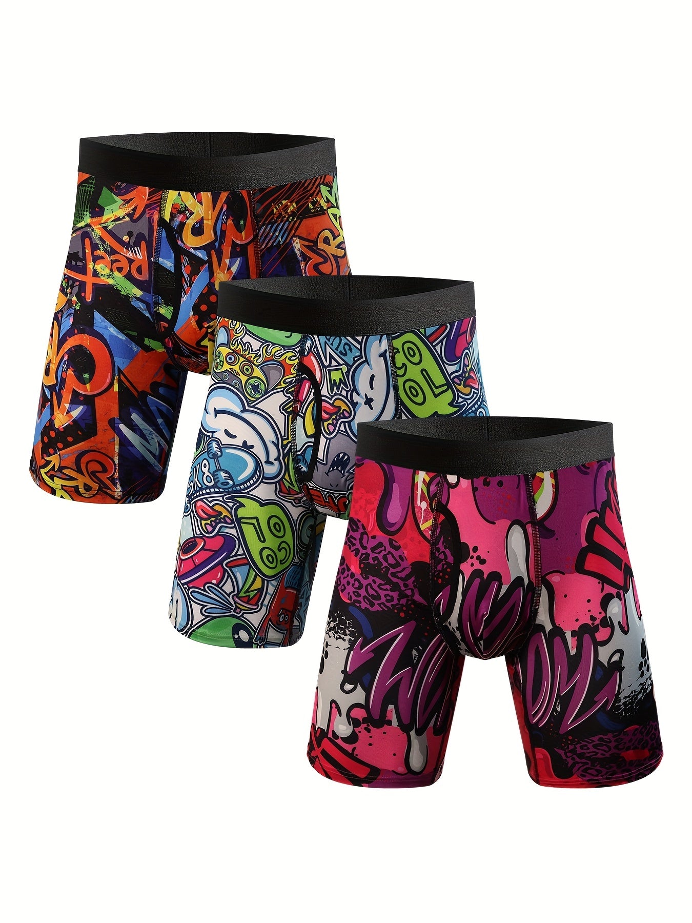 3pcs Men's Plus Size Tropical Plant Print Personality Fashion Novelty Long Boxes Briefs, Sports Briefs, High Stretch Comfortable Underwear