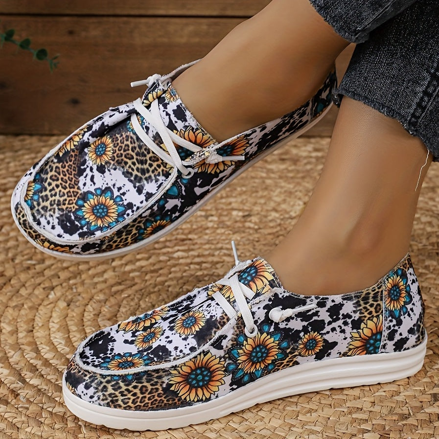 Women's Floral Pattern Canvas Loafers, Slip On Round Toe Lace Up Shoes, Casual & Lightweight Outdoor Shoes