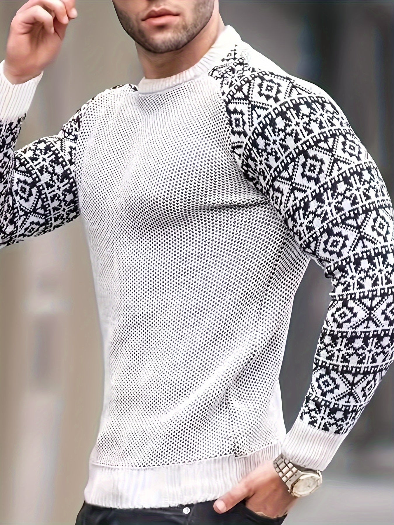 Waffle Trendy Patchwork Sweatshirt, Men's Casual Ethnic Pattern Sleeves Crew Neck Sweatshirt For Men Fall Winter