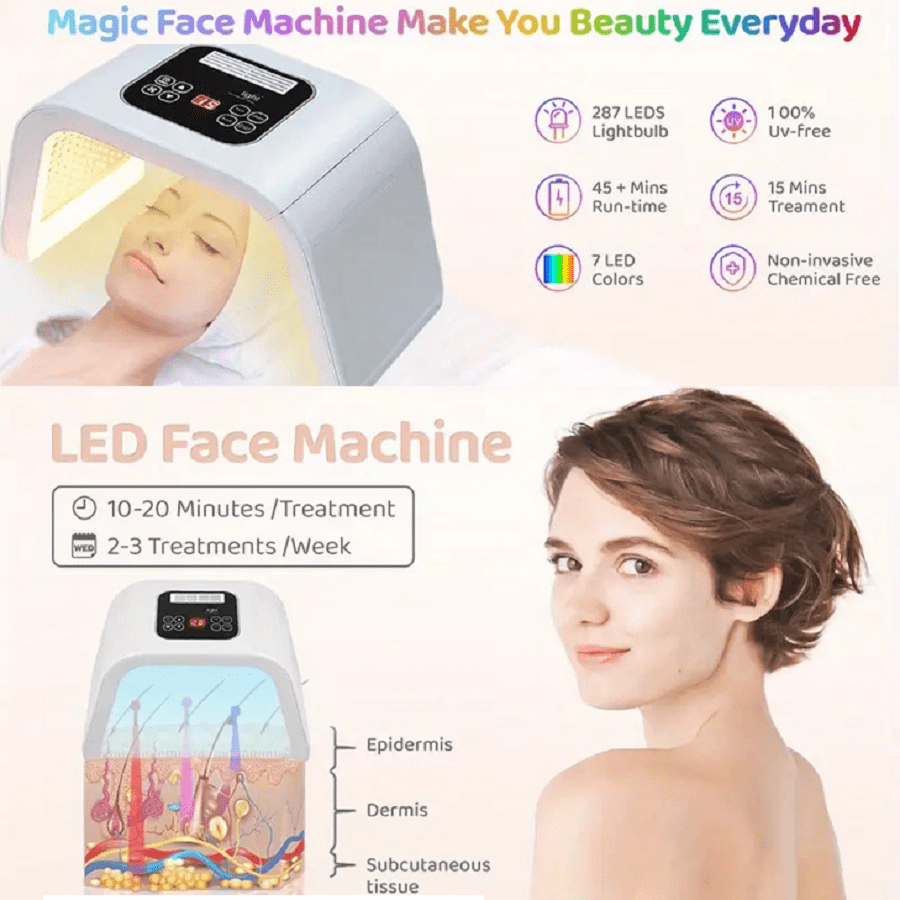 Máquina de terapia de luz LED de 7 cores para cuidados com a pele facial e corporal para mulheres - Dispositivo multifuncional de beleza folável para uso doméstico e em salão de beleza