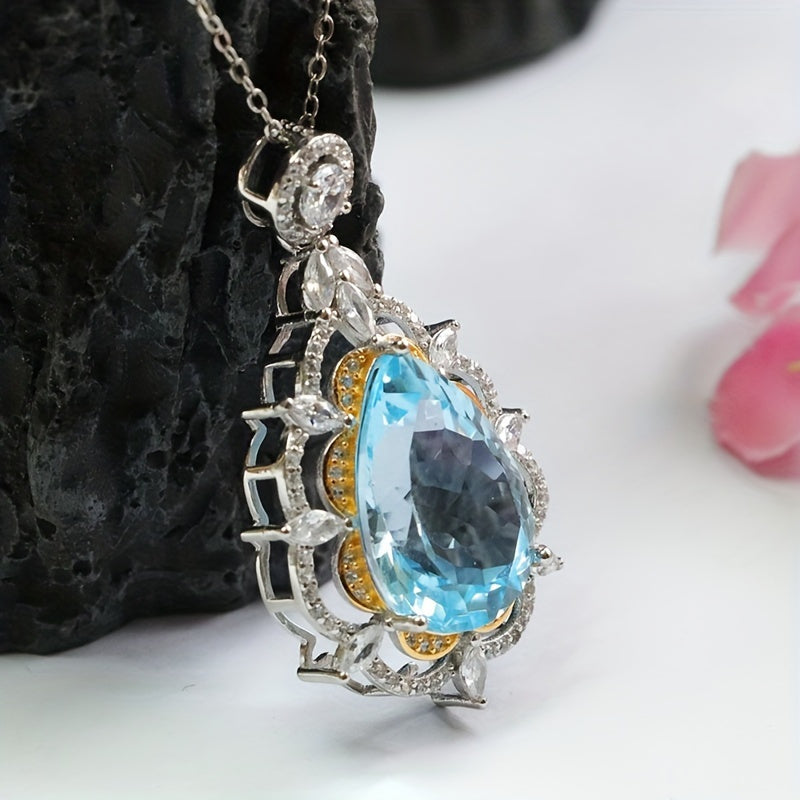 1pc Waterdrop Shape Blue Topaz Pendant Droplet Necklace, Elegant S925 Silver Necklace For He