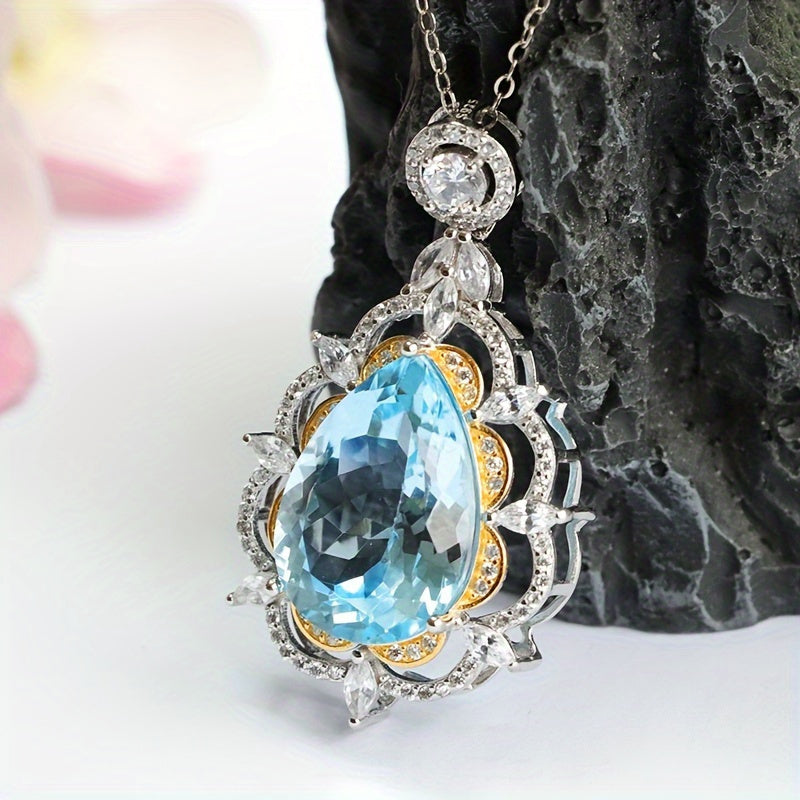 1pc Waterdrop Shape Blue Topaz Pendant Droplet Necklace, Elegant S925 Silver Necklace For He