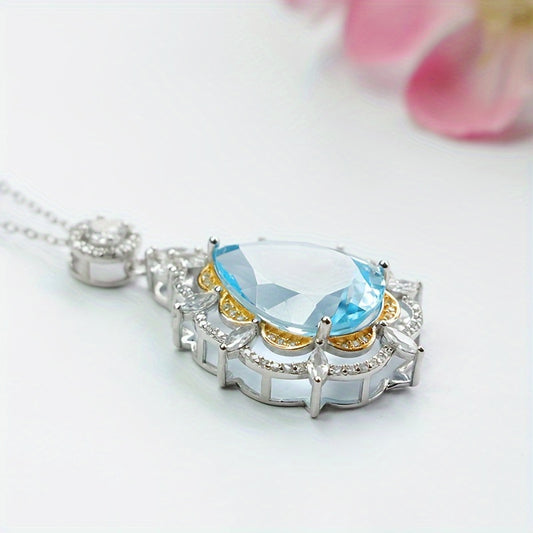 1pc Waterdrop Shape Blue Topaz Pendant Droplet Necklace, Elegant S925 Silver Necklace For He