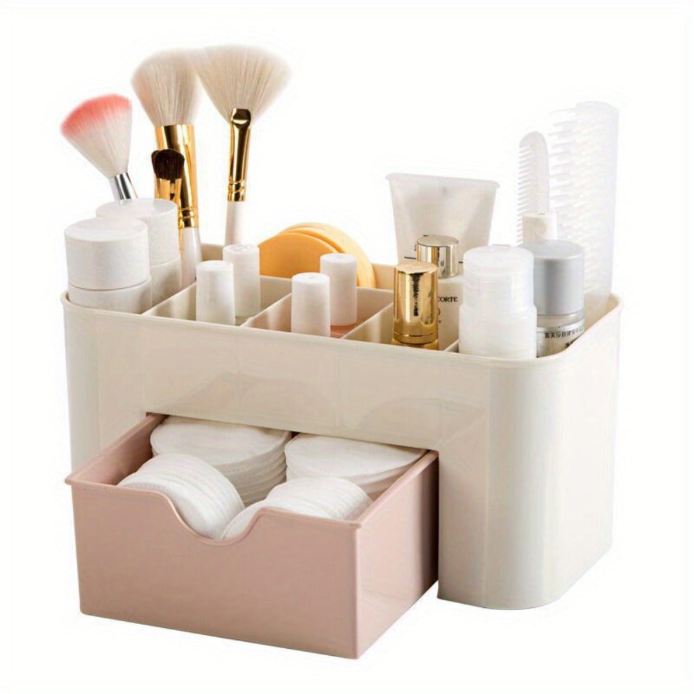 1pc Plastic Makeup Storage Box With Drawer, Multi-grid Cosmetics Storage Box, Large Capacity Skincare Sundries Storage Container, Multi-functional Storage Organizer For Vanity, Bathroom, Office